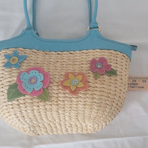 Straw Purse Vintage Flower Embellished Multi Color with Blue Trim - Picture 14 of 16